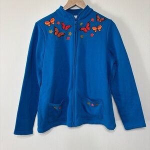 Brekenridge Blue Embroidered Butterfly Print Zip Up Sweater Size L
